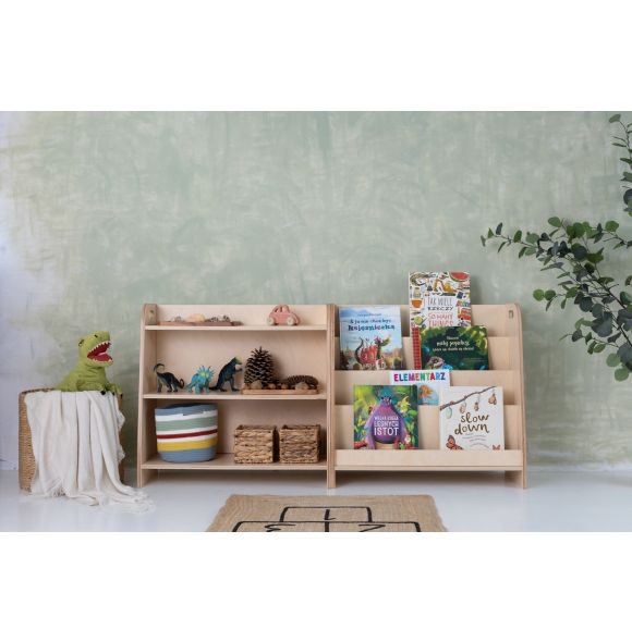 Set of two monetessori shelves, bookshelf and toy shelf-Transparent varnish-73cm