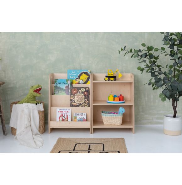Set of two monetessori shelves, bookshelf and toy shelf-Transparent varnish-50cm
