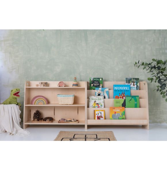 Set of two monetessori shelves, bookshelf and toy shelf-Transparent varnish-90cm
