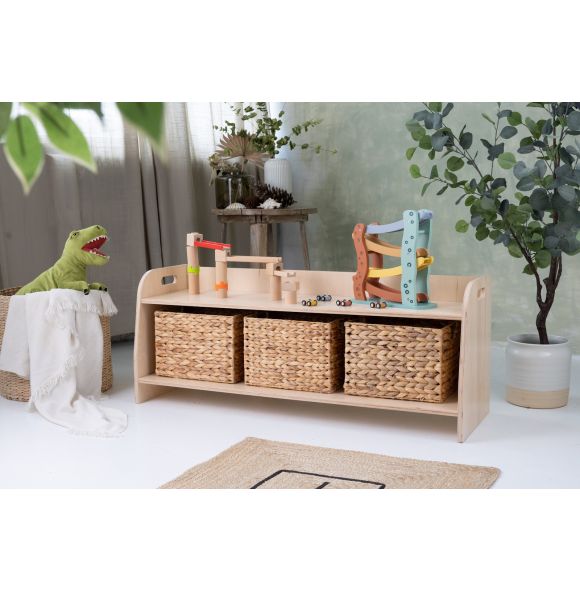 Small montessori toy shelf, natural wood, 110 cm