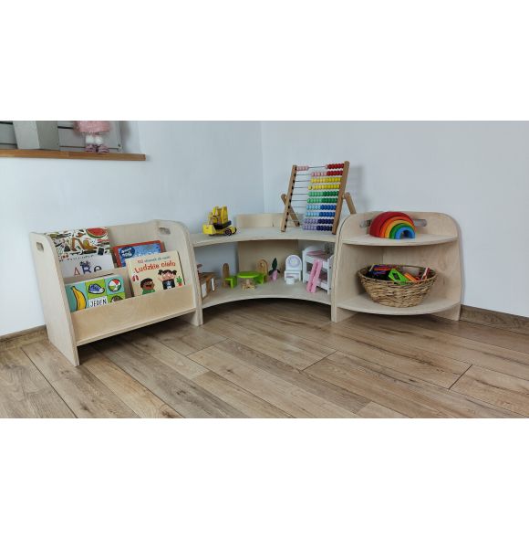 Low corner toyshelf, natural wood