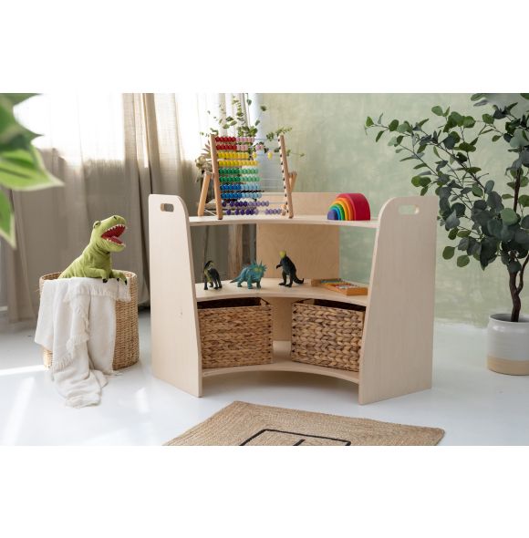 Corner toyshelf, natural wood